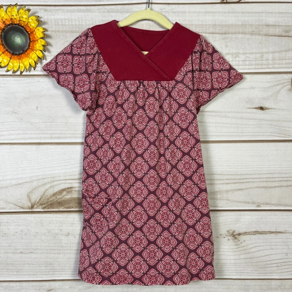Tea Kids Girls Red Patterned Kimono Style Dress 6 Short Sleeve